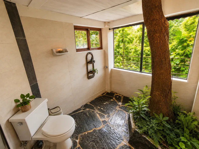 Ducha tipo walk-in con el árbol de mango y un gran ventanal hacia la vegetación