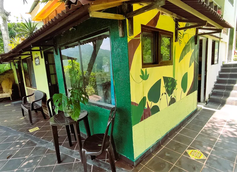 Fachada con murales de hojas, corredor de baldosas y escaleras de acceso