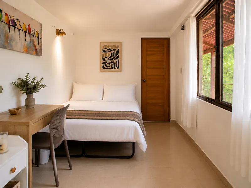 Cama con sábanas blancas junto al escritorio y la ventana